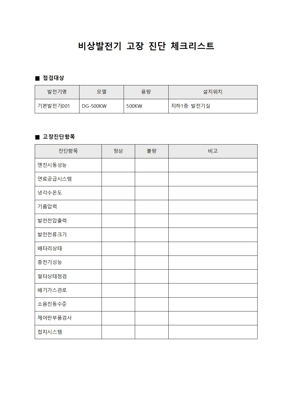 비상발전기 고장 진단 체크리스트