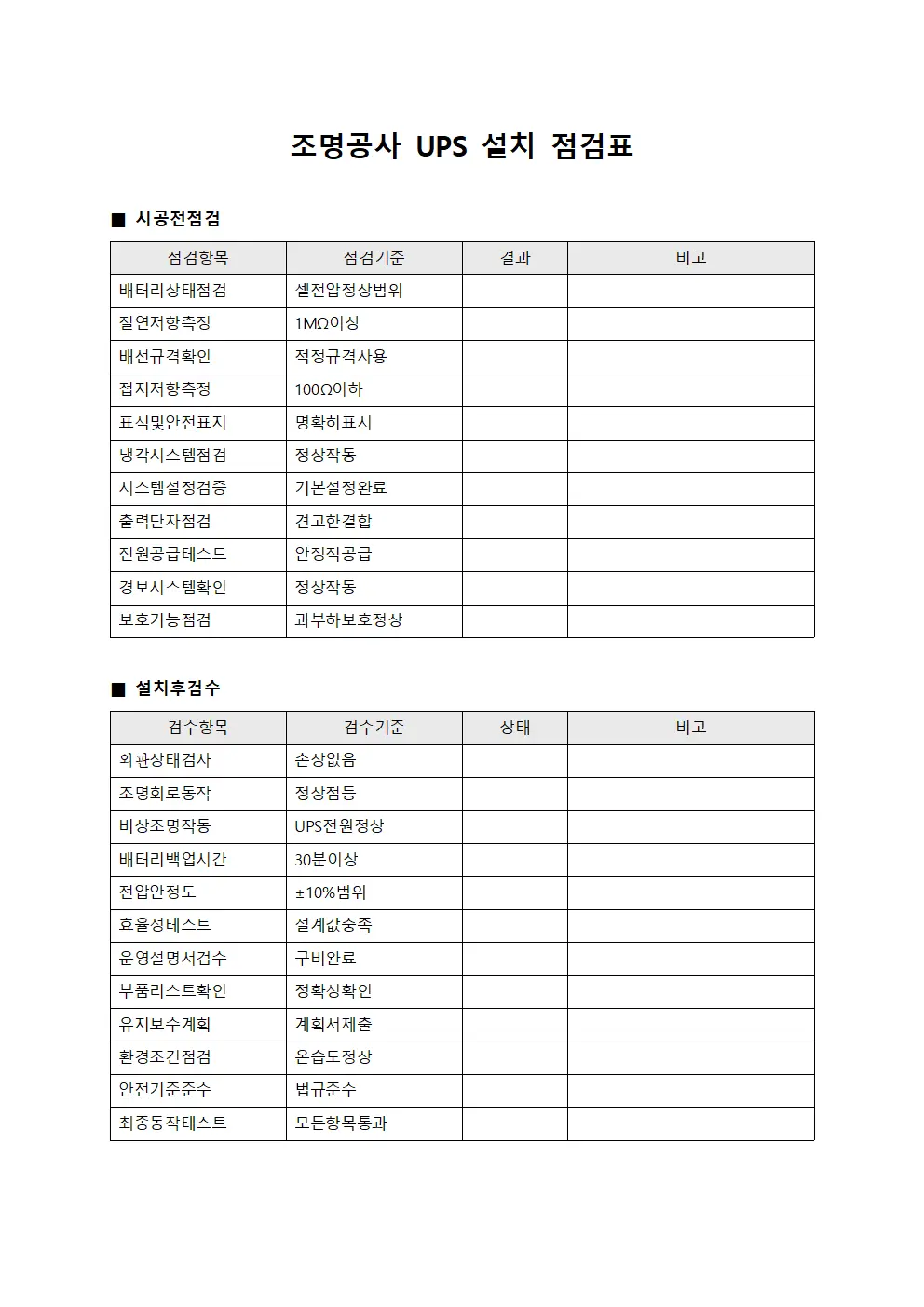 조명공사 UPS 설치 점검표