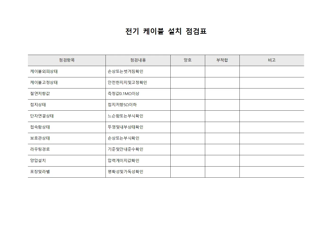 전기 케이블 설치 점검표 문서양식