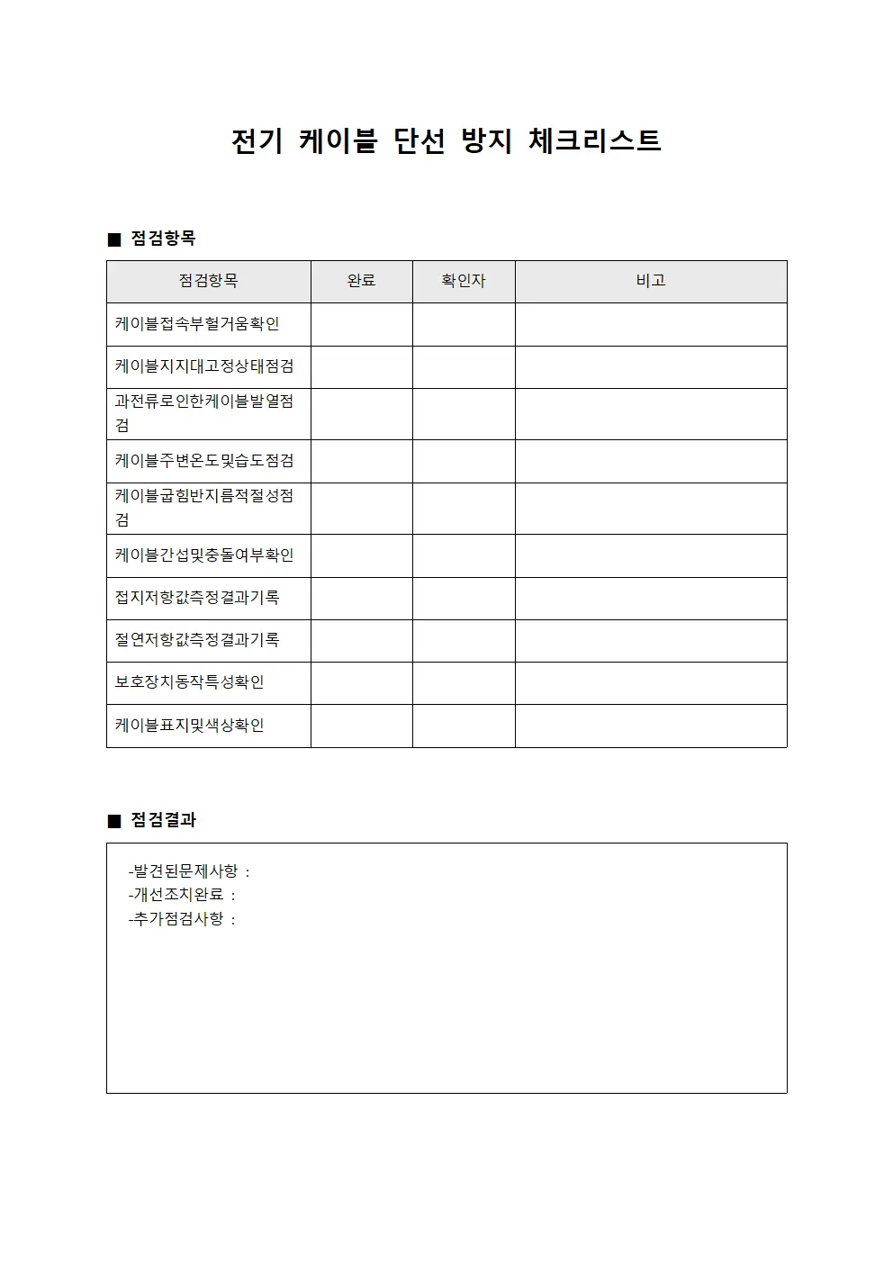 전기 케이블 단선 방지 체크리스트 문서양식