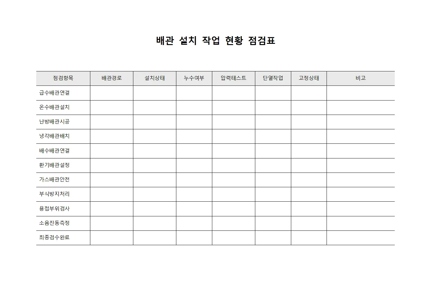 배관 설치 작업 현황 점검표