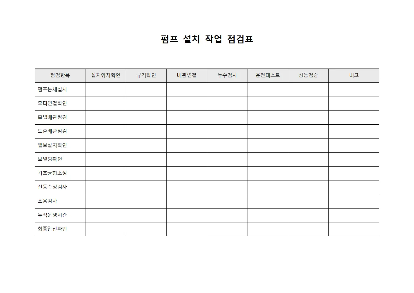 펌프 설치 작업 점검표 파일양식