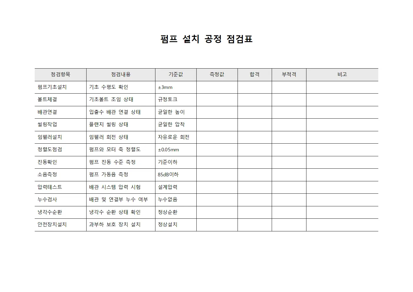 펌프 설치 공정 점검표 문서.양식