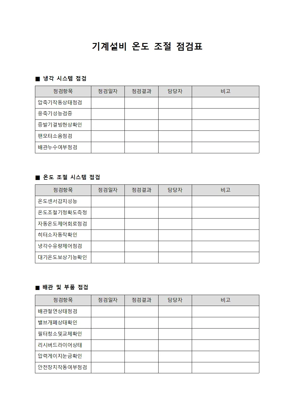 기계설비 온도 조절 점검표