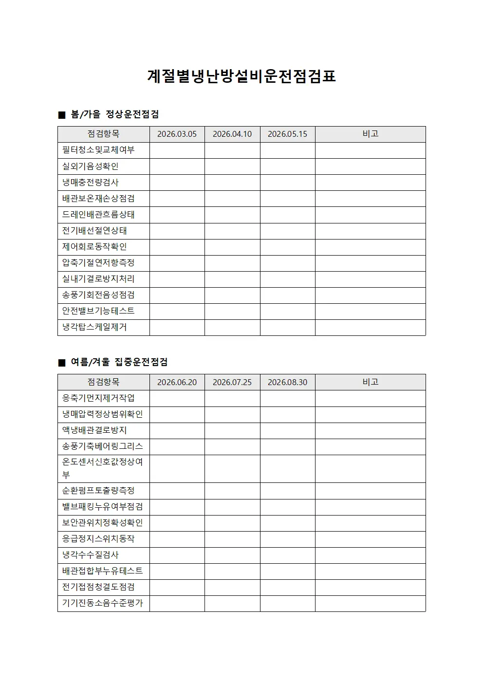 계절별 냉난방설비 운전점검표 양식문서