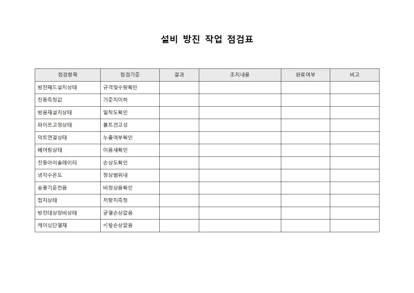 설비 방진 작업 점검표 양식문서