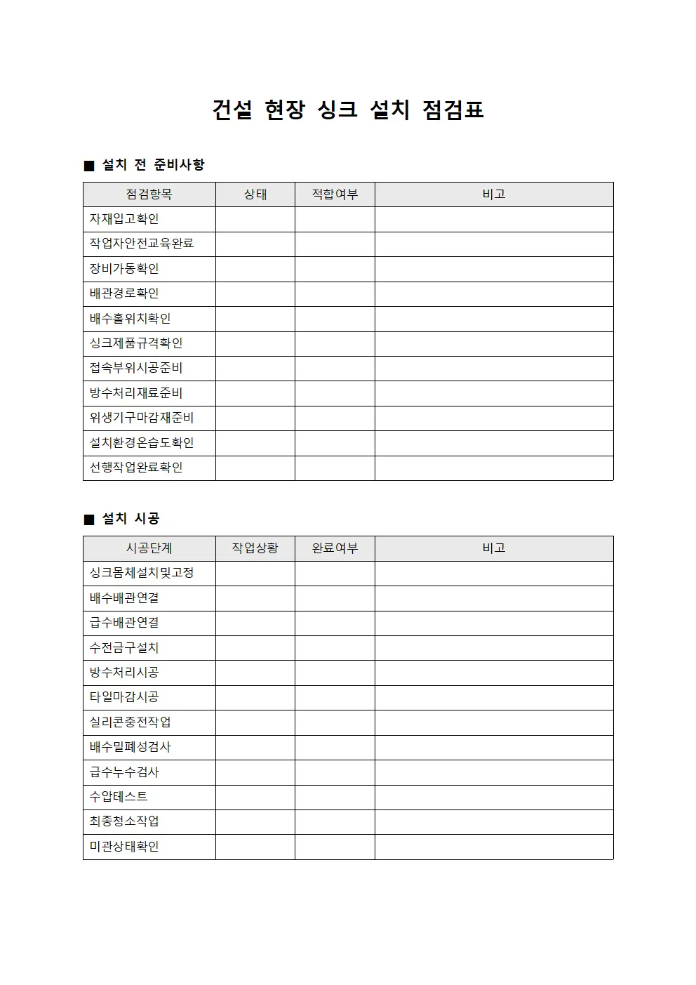 건설 현장 싱크 설치 점검표