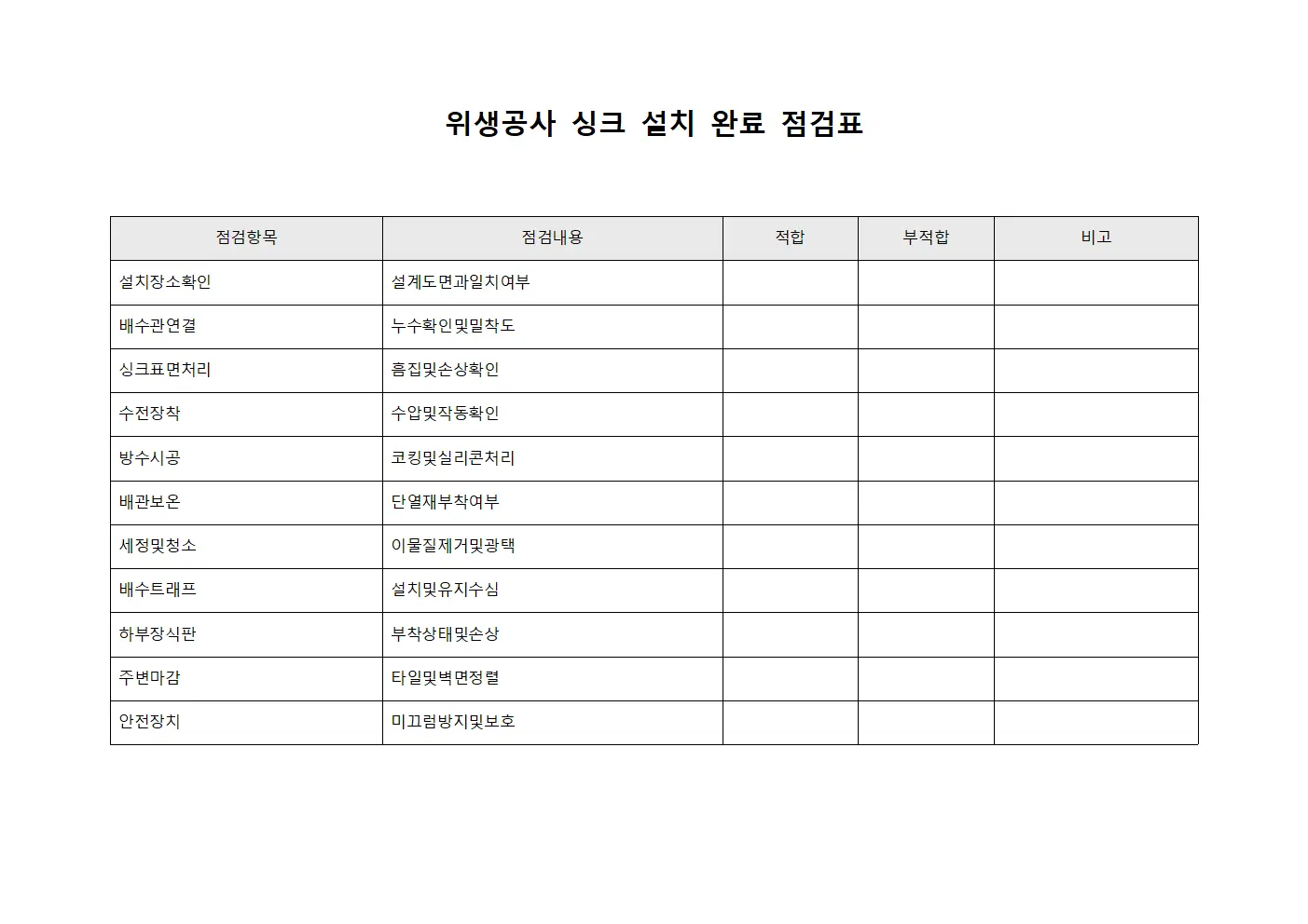 위생공사 싱크 설치 완료 점검표 템플릿