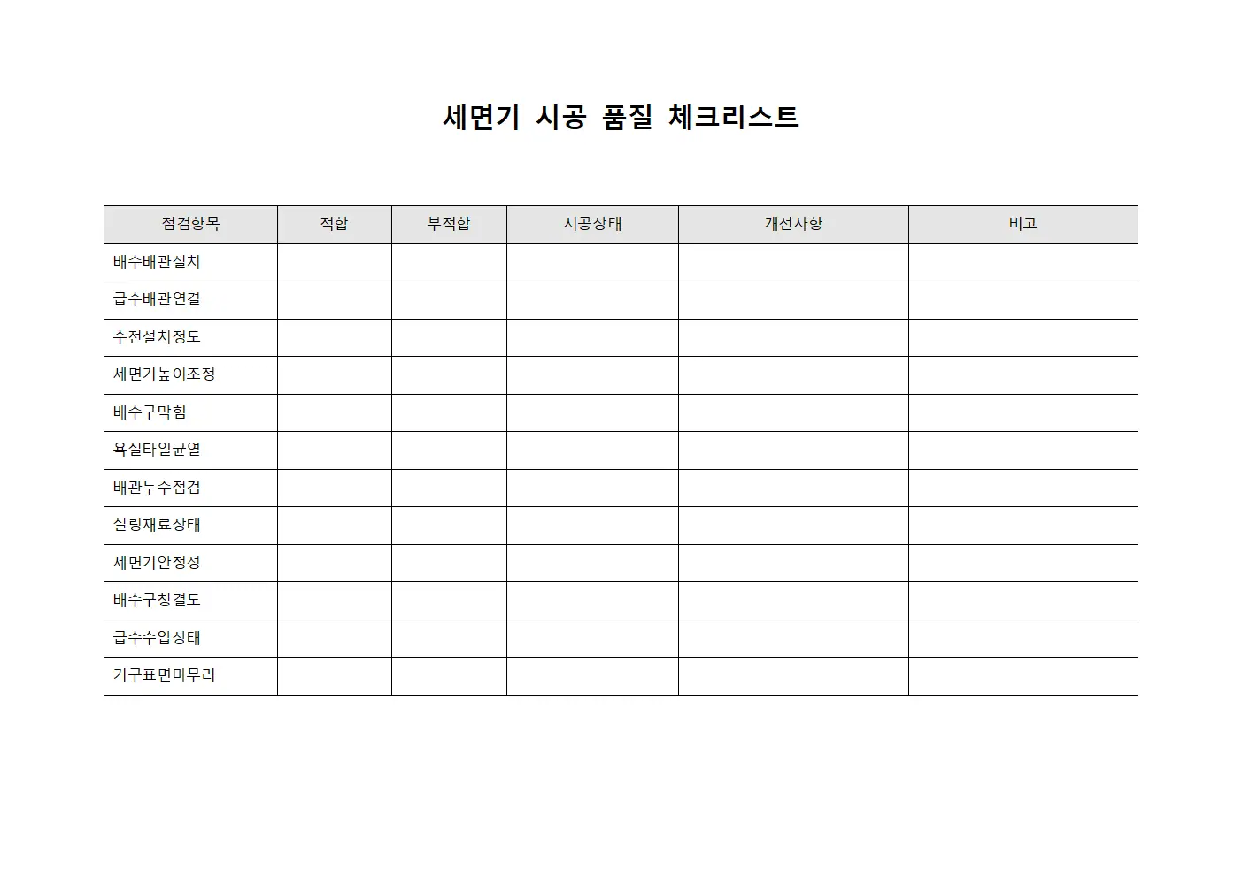세면기 시공 품질 체크리스트