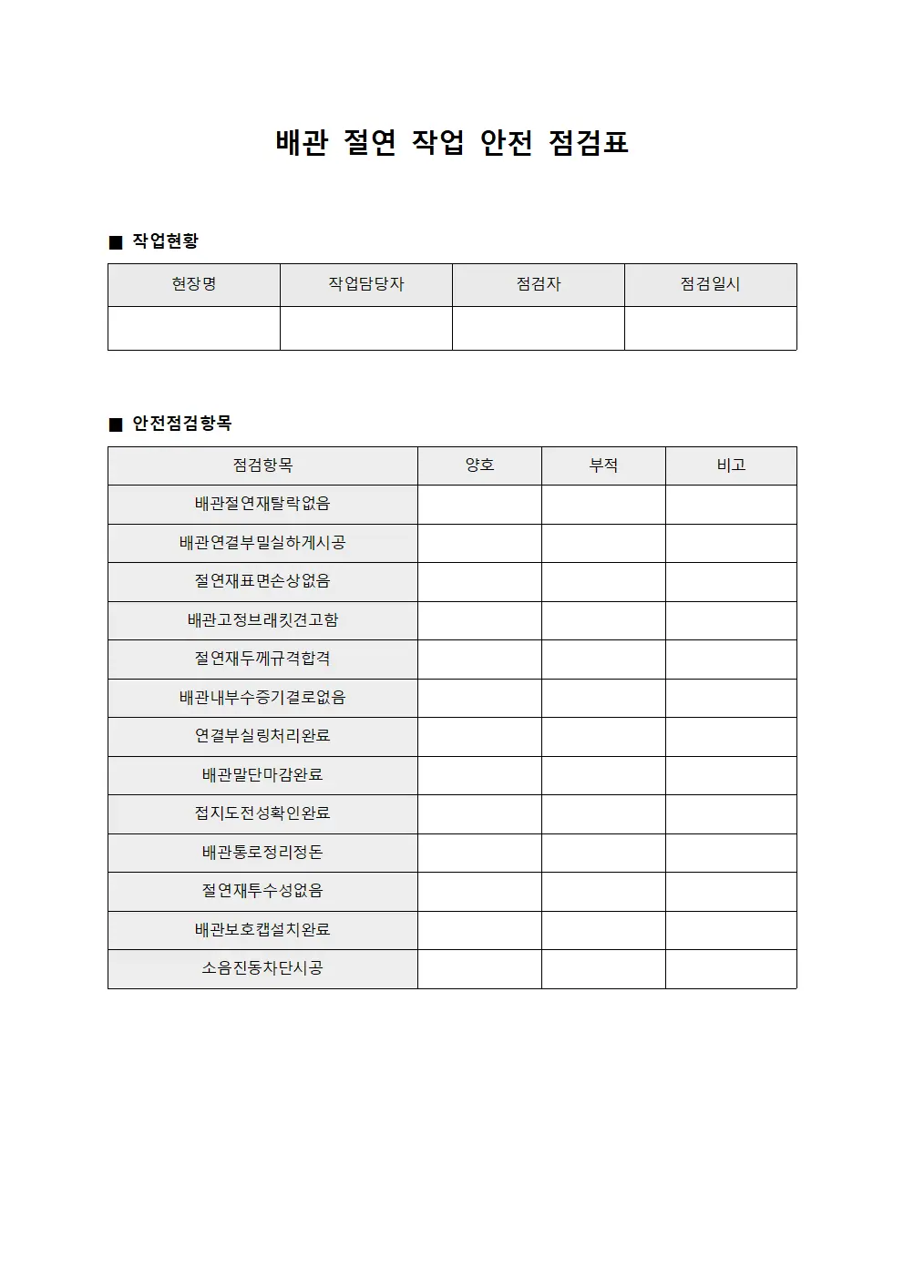 배관 절연 작업 안전 점검표 양식