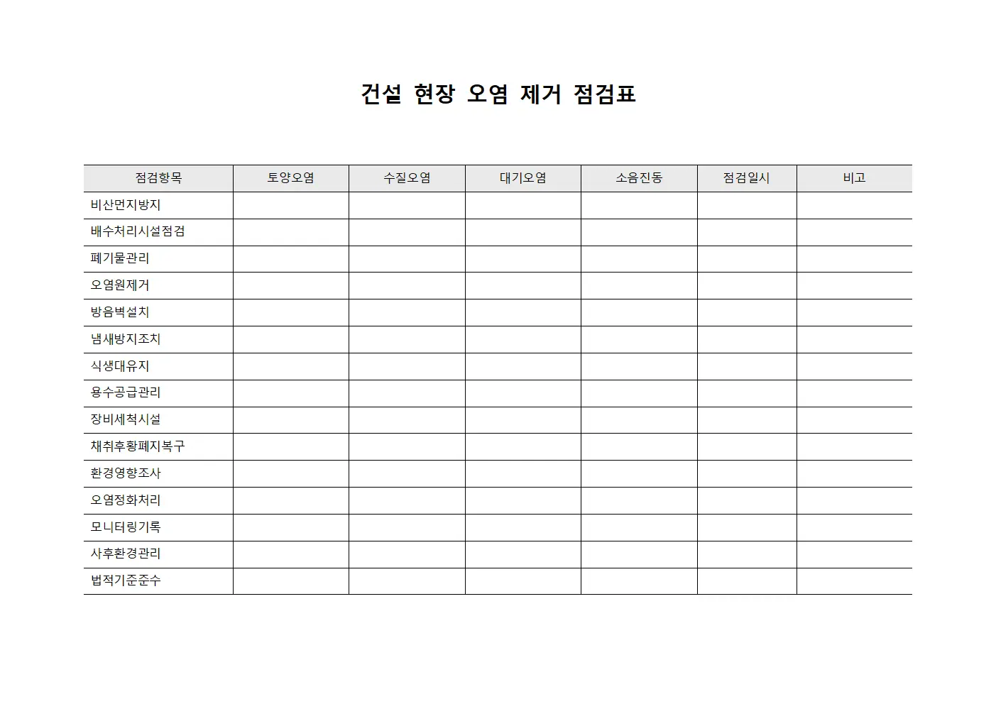 건설 현장 오염 제거 점검표 양식.서식