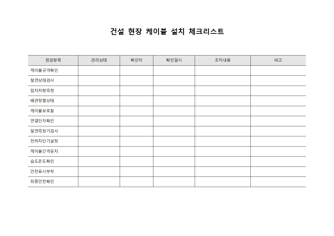 건설 현장 케이블 설치 체크리스트 양식