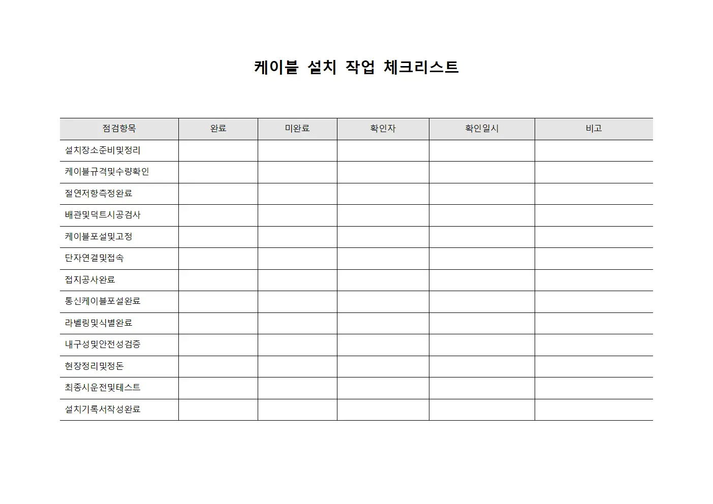 케이블 설치 작업 체크리스트