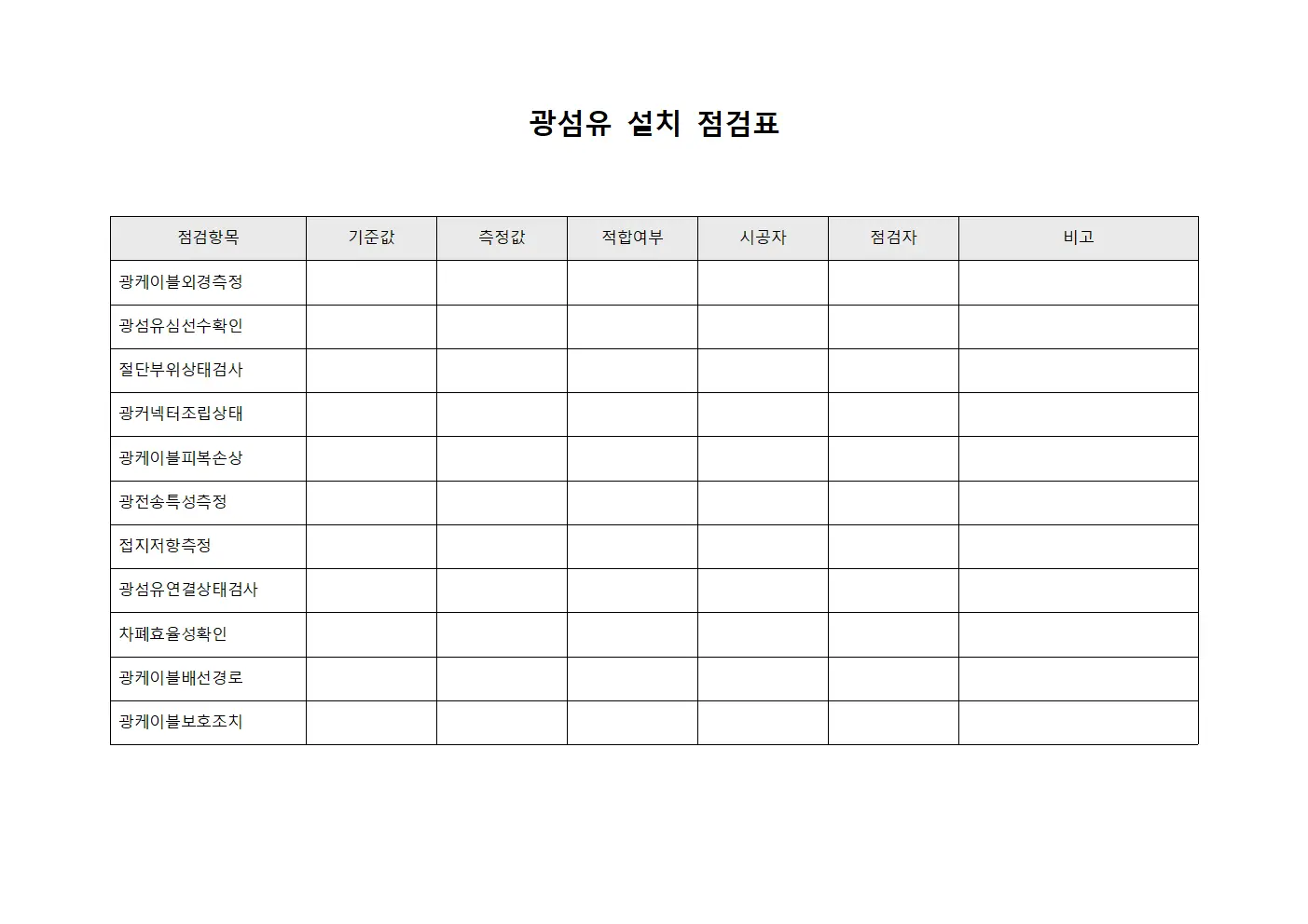 광섬유 설치 점검표
