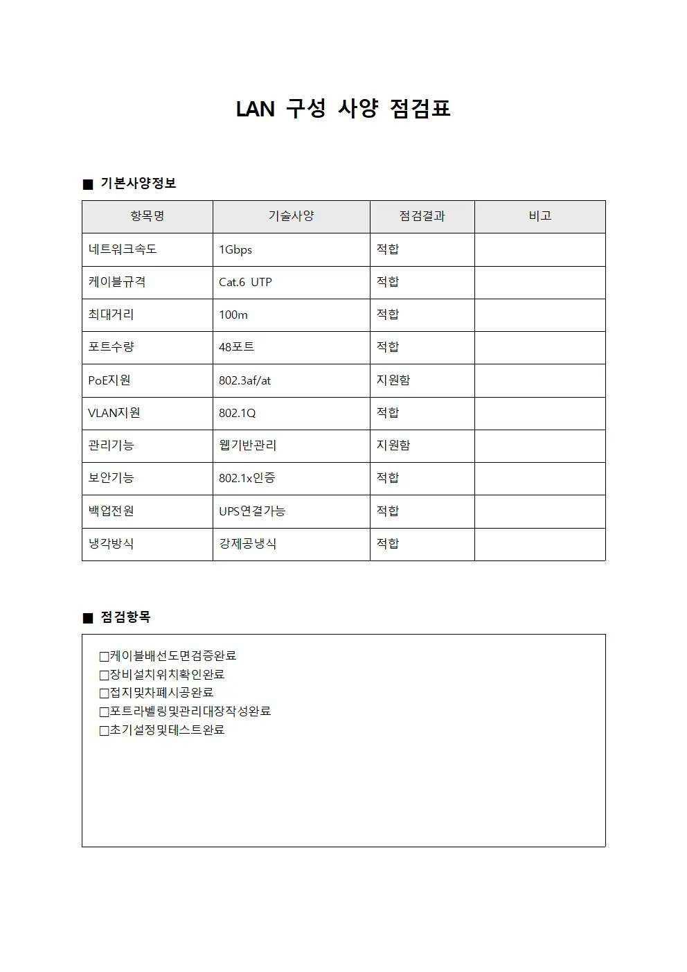 네트워크 구성 사양 점검표