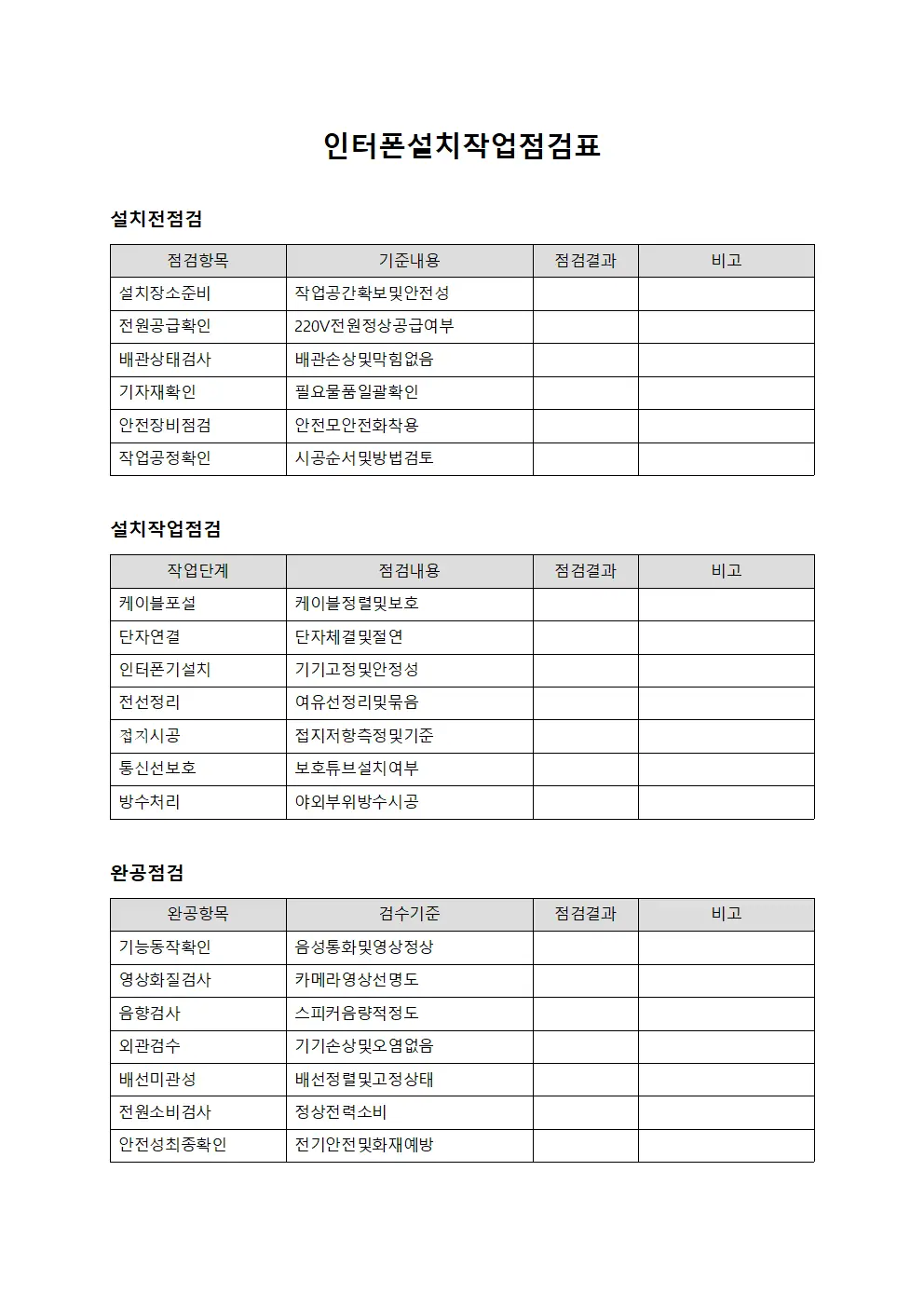 인터폰설치작업점검표 서식문서