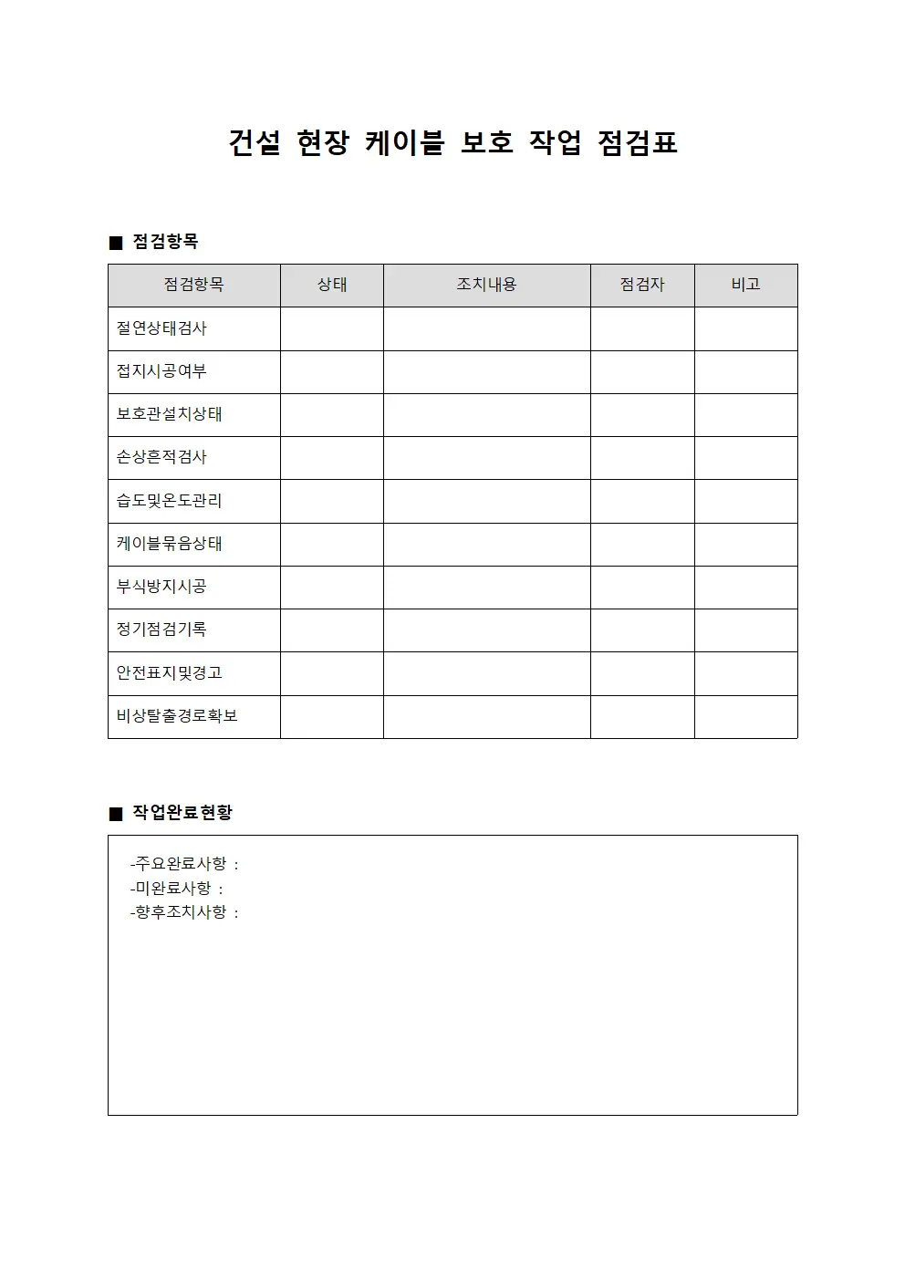 건설 현장 케이블 보호 작업 점검표