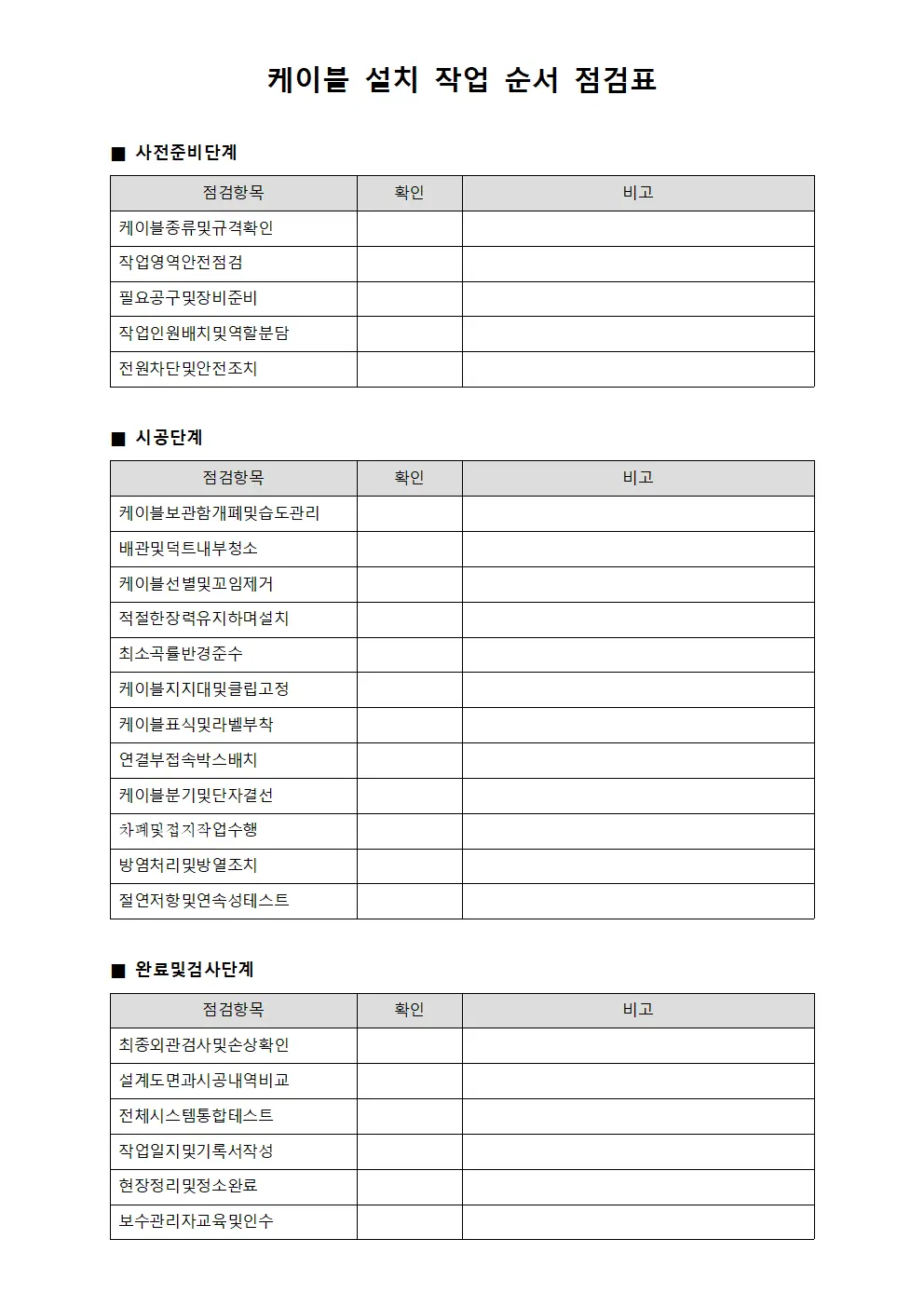 케이블 설치 작업 순서 점검표 서식