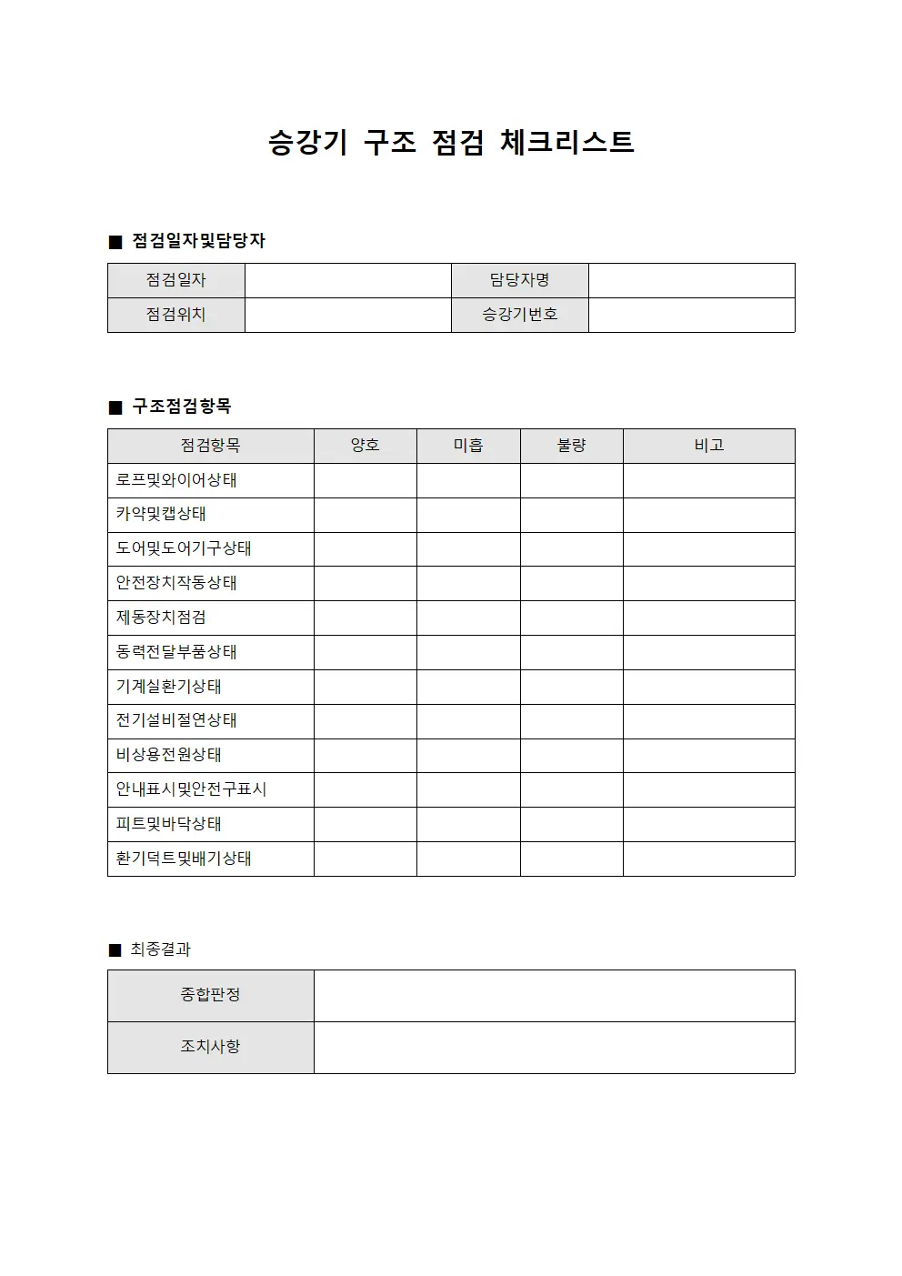 승강기 구조 점검 체크리스트