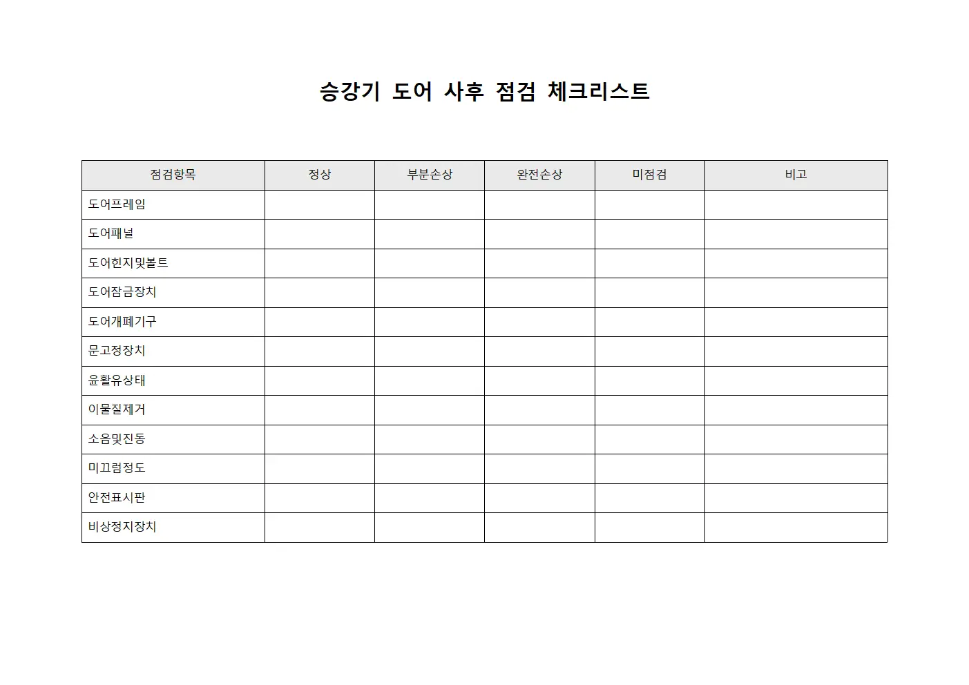 승강기 도어 사후 점검 체크리스트 서식