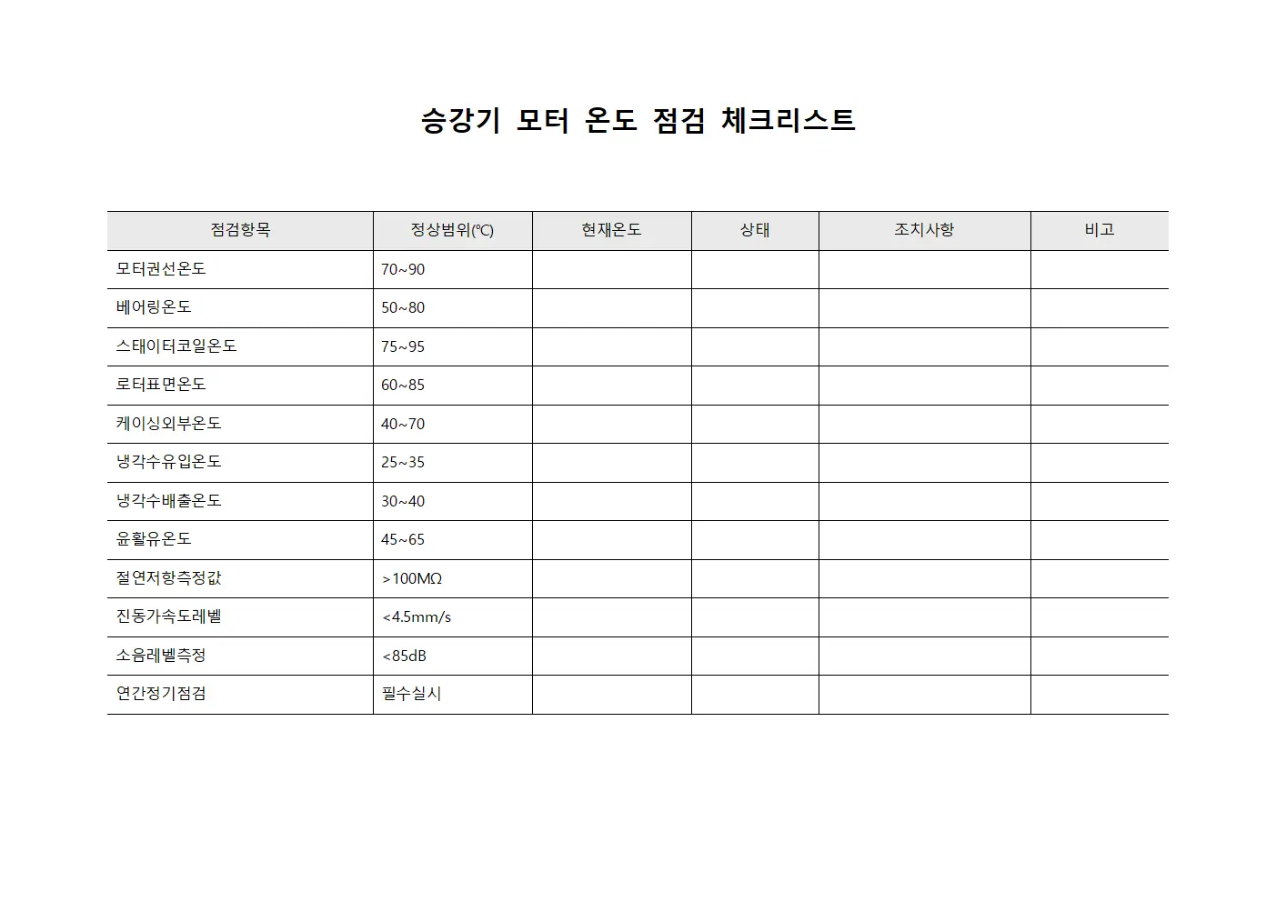 승강기 모터 온도 점검 체크리스트 서식문서