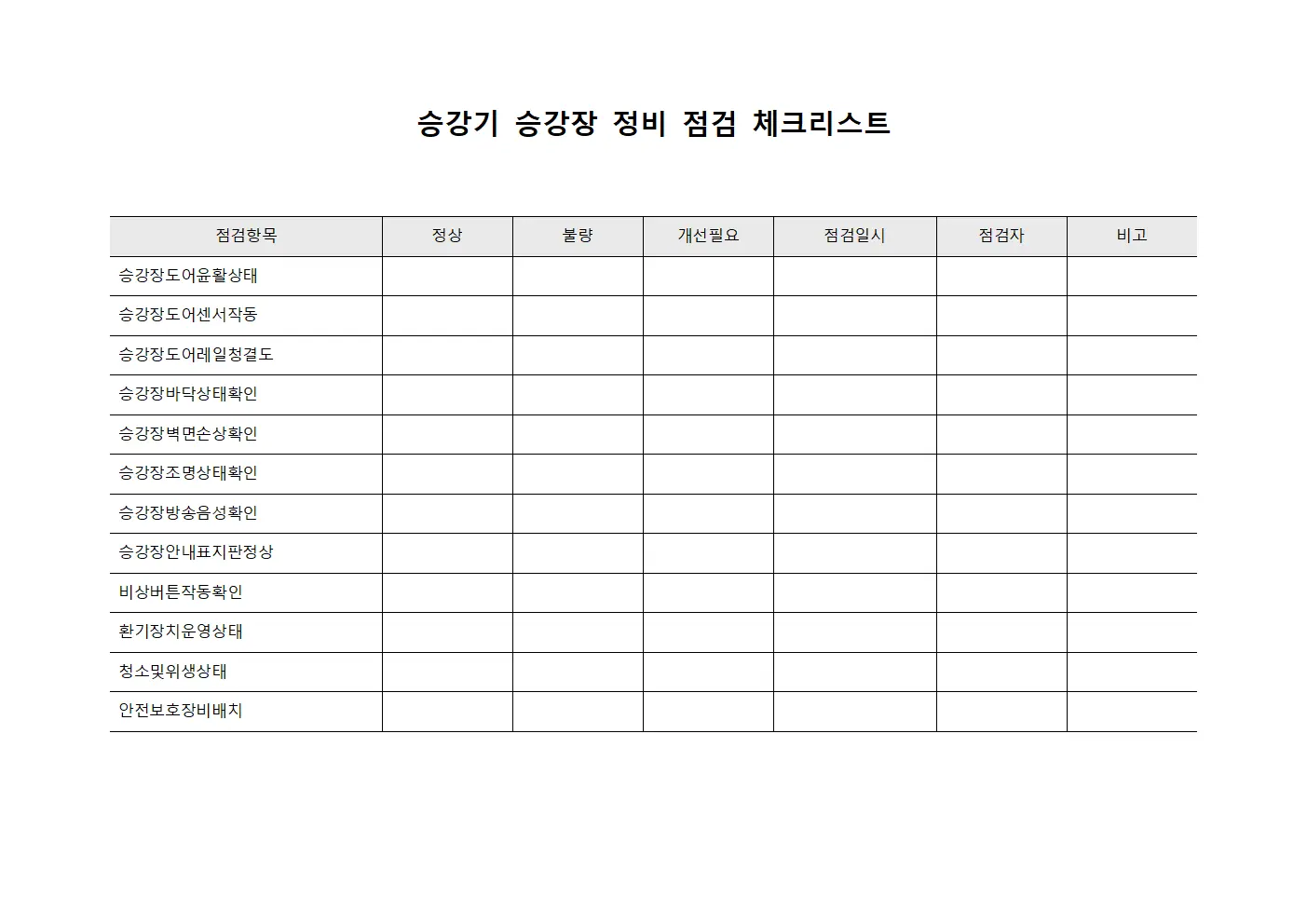 승강기 승강장 정비 점검 체크리스트