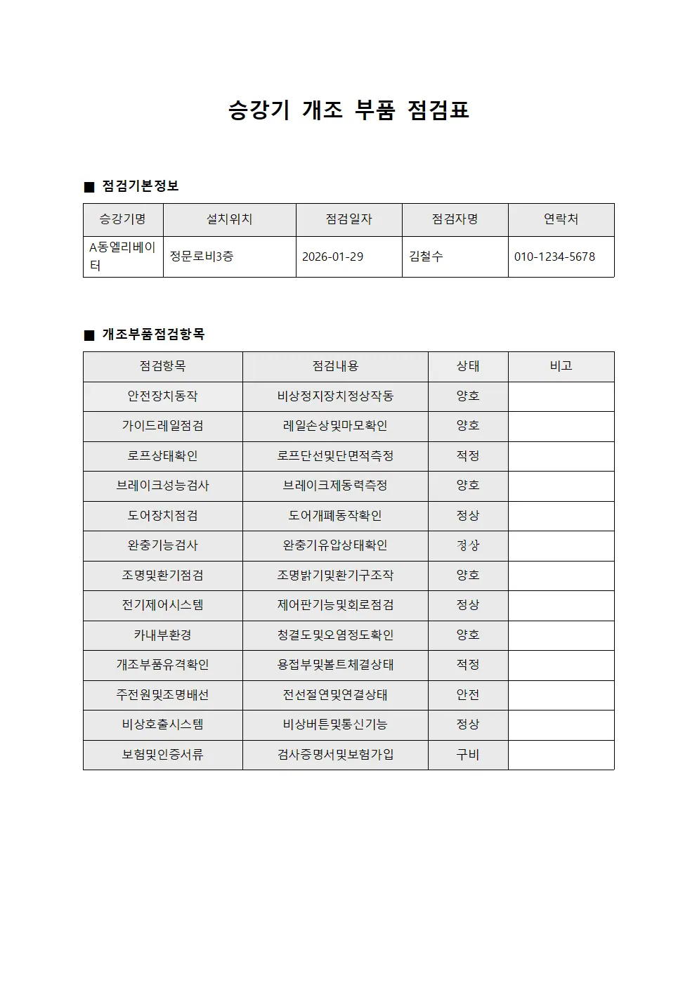 승강기 개조 부품 점검표 문서서식