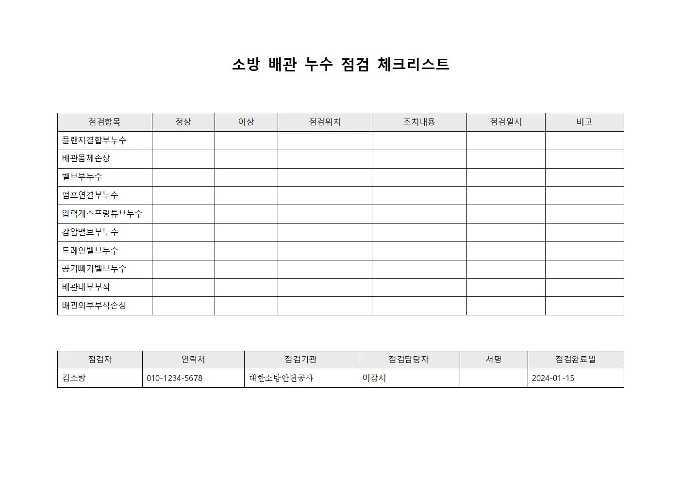 소방 배관 누수 점검 체크리스트