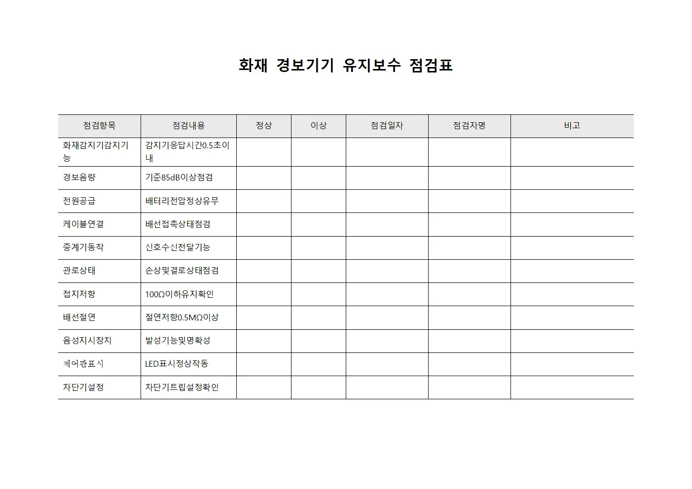 화재 경보기기 유지보수 점검표