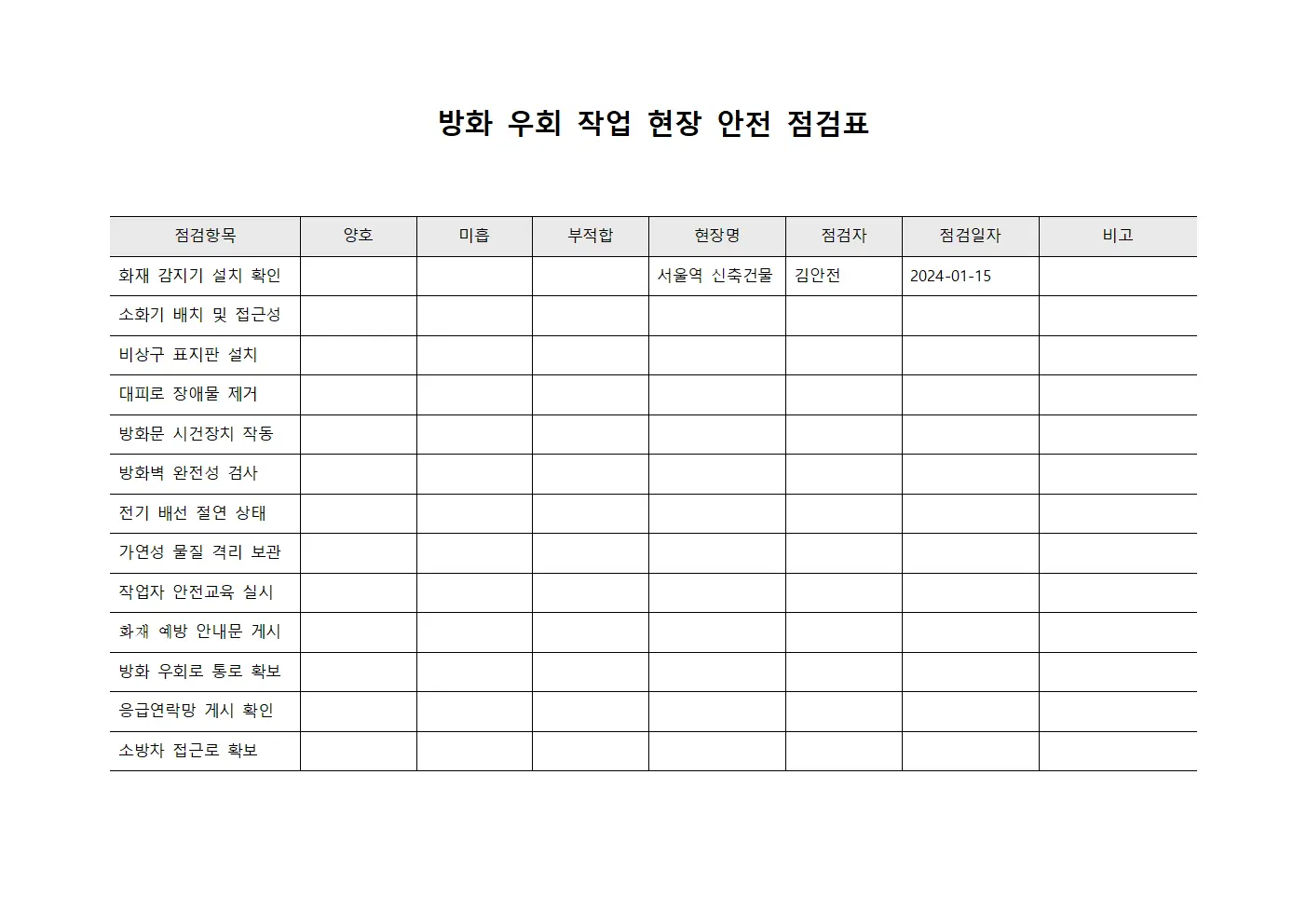 방화 우회 작업 현장 안전 점검표 서식