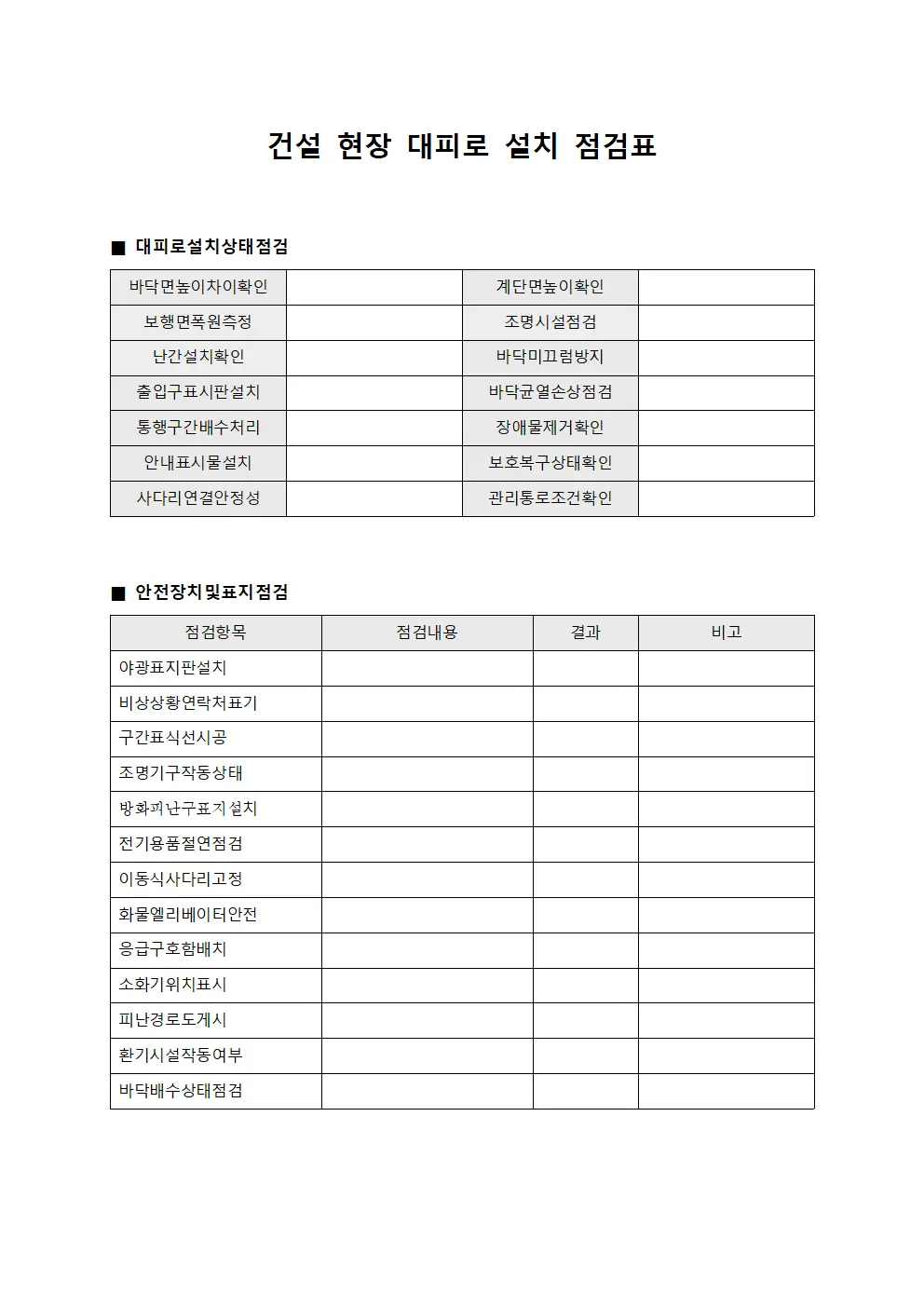 건설 현장 대피로 설치 점검표 문서.서식