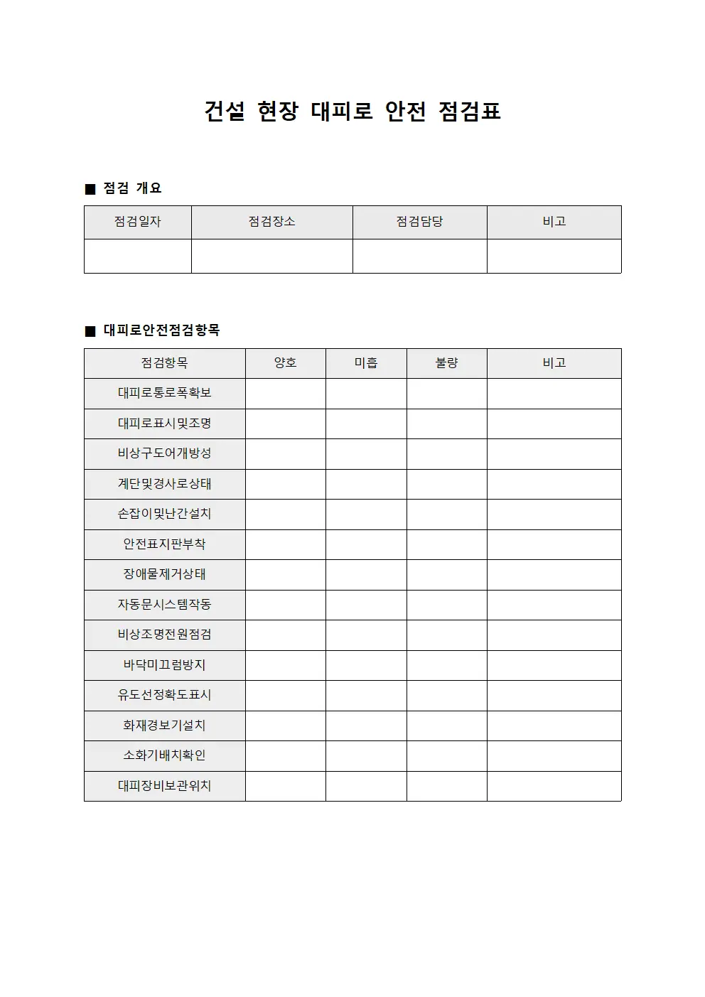 건설 현장 대피로 안전 점검표 파일서식