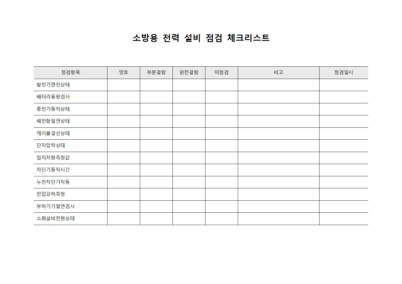 소방용 전력 설비 점검 체크리스트 템플릿 양식