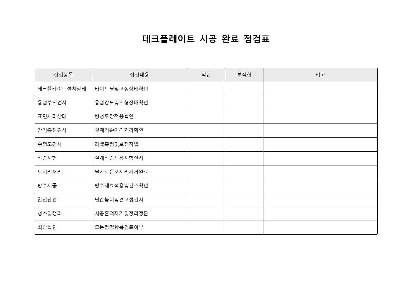 데크플레이트 시공 완료 점검표 파일서식