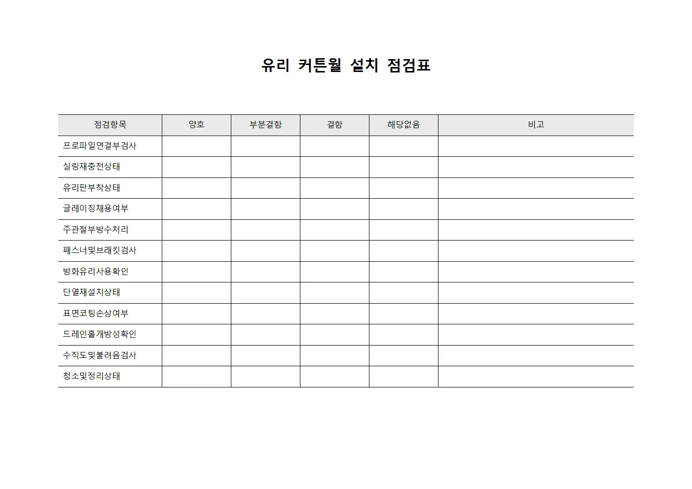 유리 커튼월 설치 점검표
