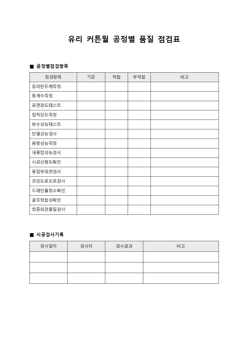 유리 커튼월 공정별 품질 점검표