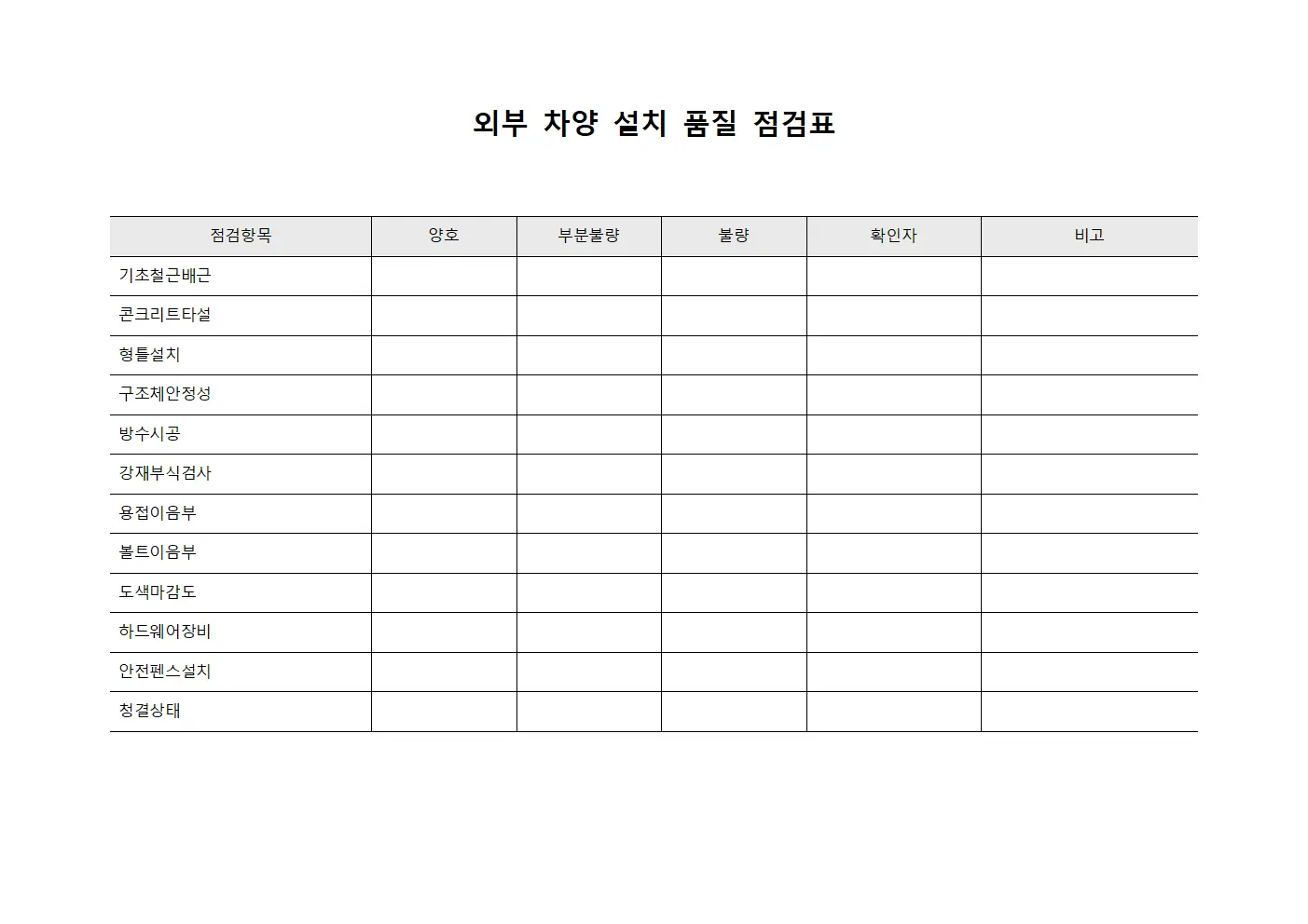 외부 차양 설치 품질 점검표 양식.서식