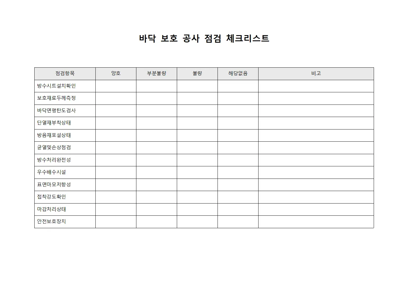 바닥 보호 공사 점검 체크리스트 서식