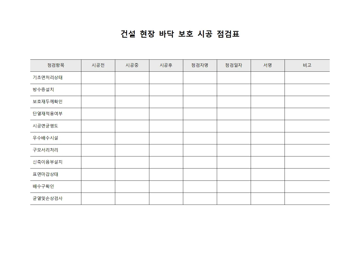 건설 현장 바닥 보호 시공 점검표