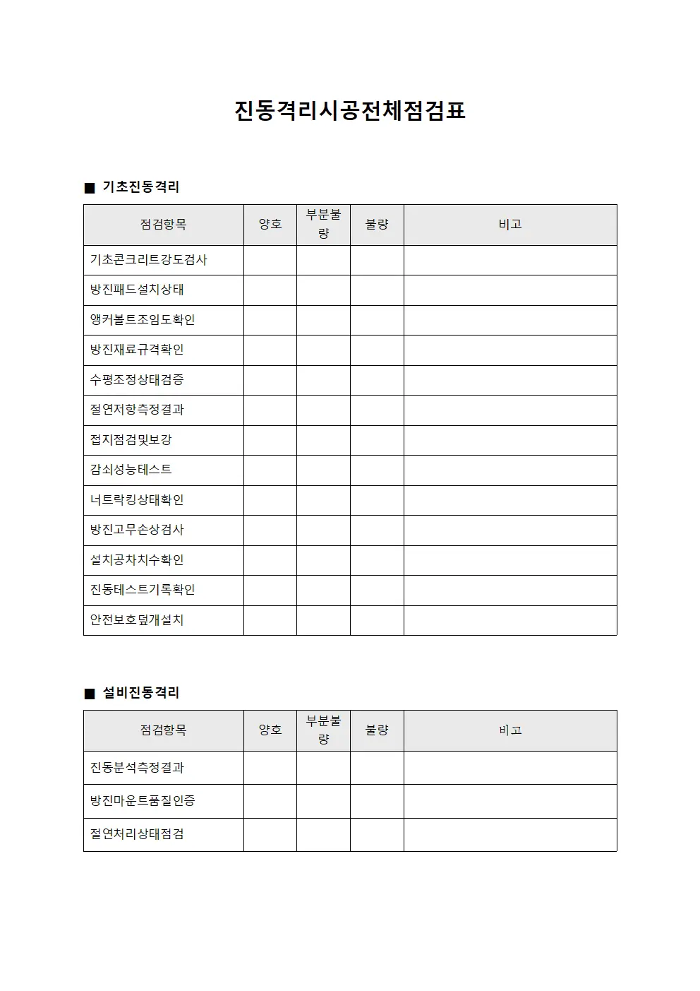 진동격리시공전체점검표 템플릿