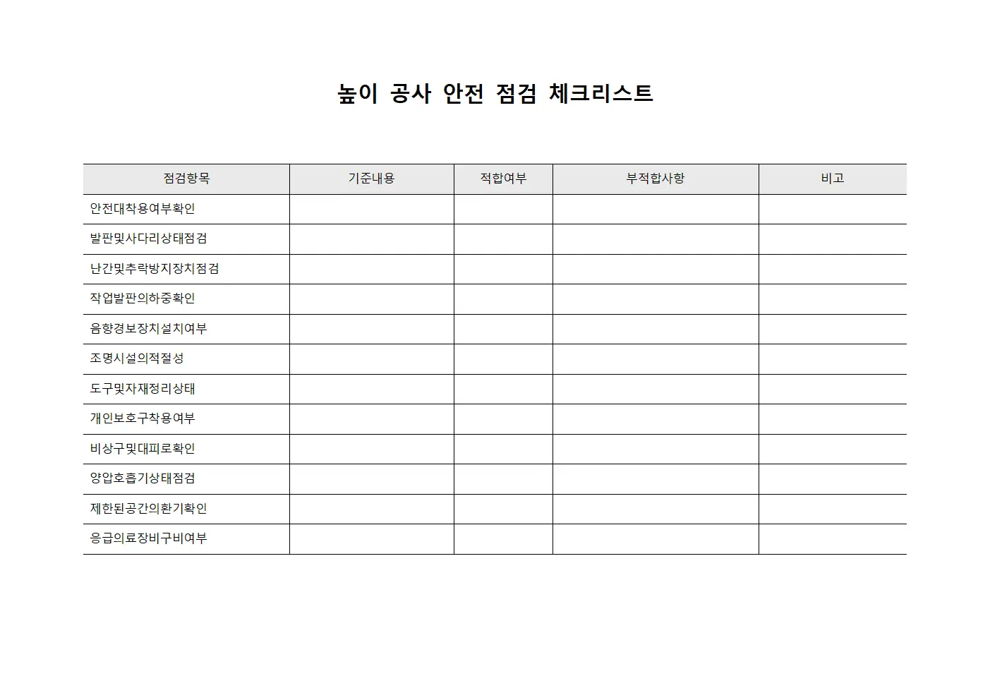 높이 공사 안전 점검 체크리스트