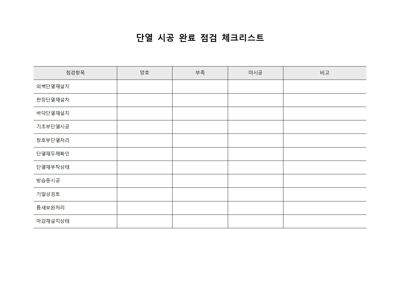 단열 시공 완료 점검 체크리스트 템플릿 양식