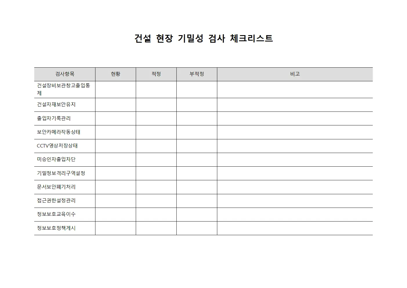 건설 현장 기밀성 검사 체크리스트