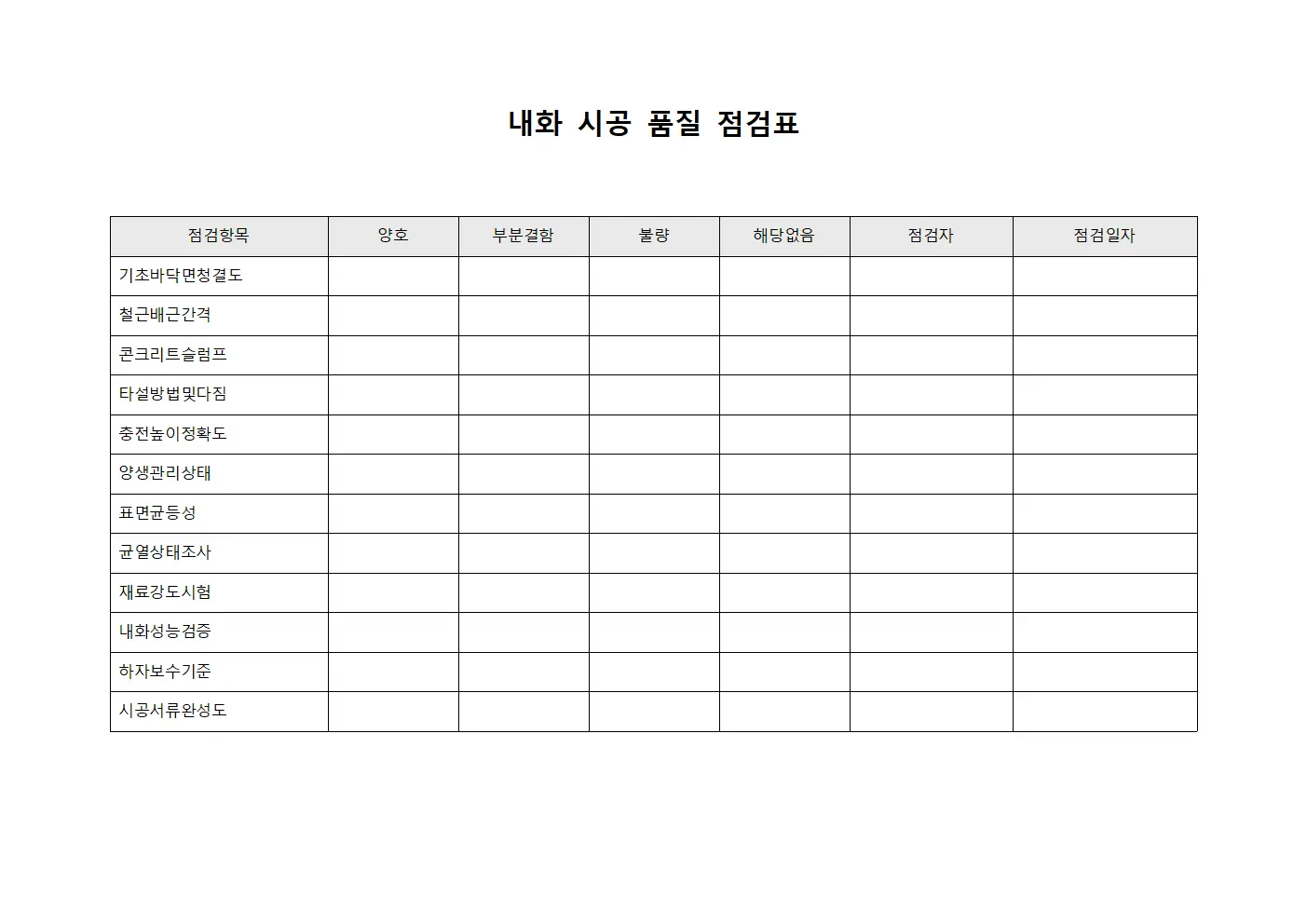 내화 시공 품질 점검표 파일양식