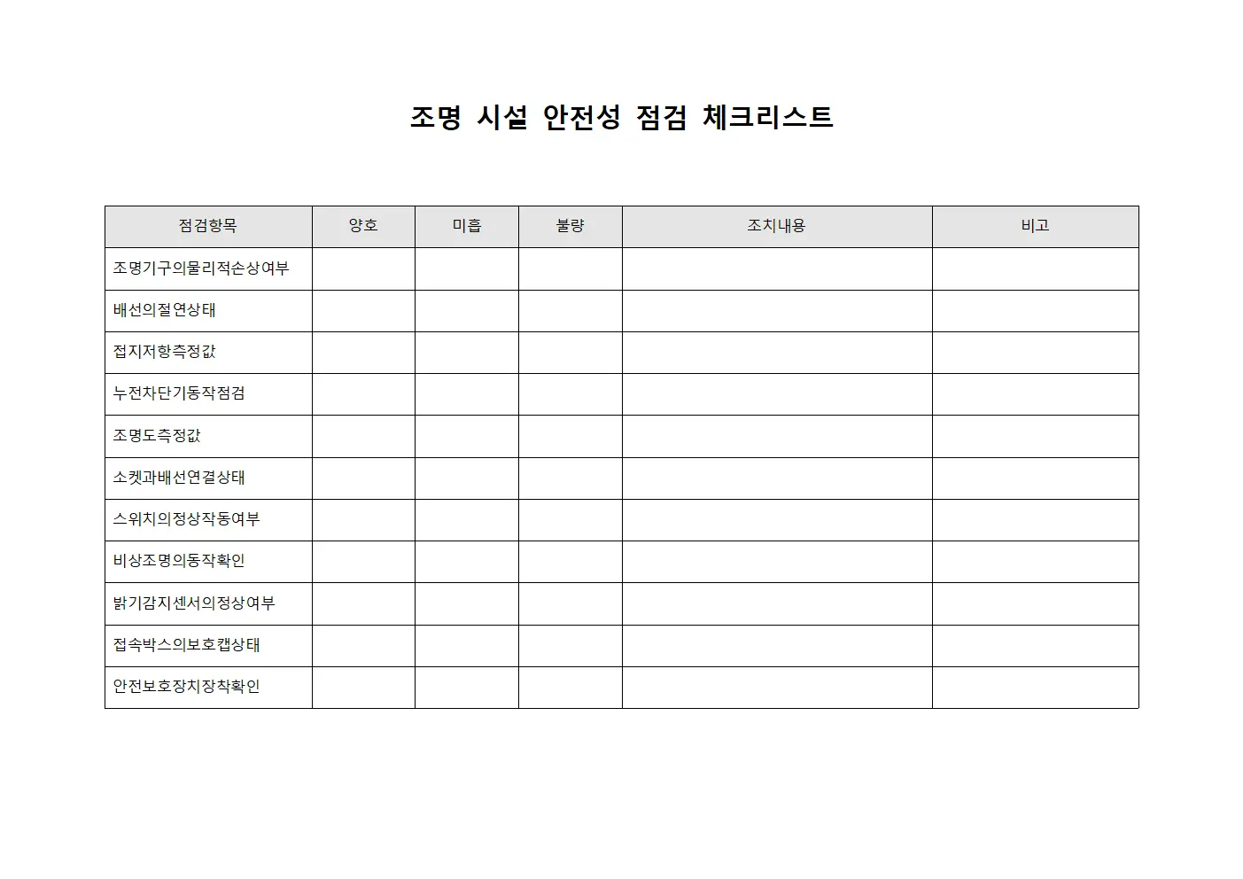 조명 시설 안전성 점검 체크리스트 양식
