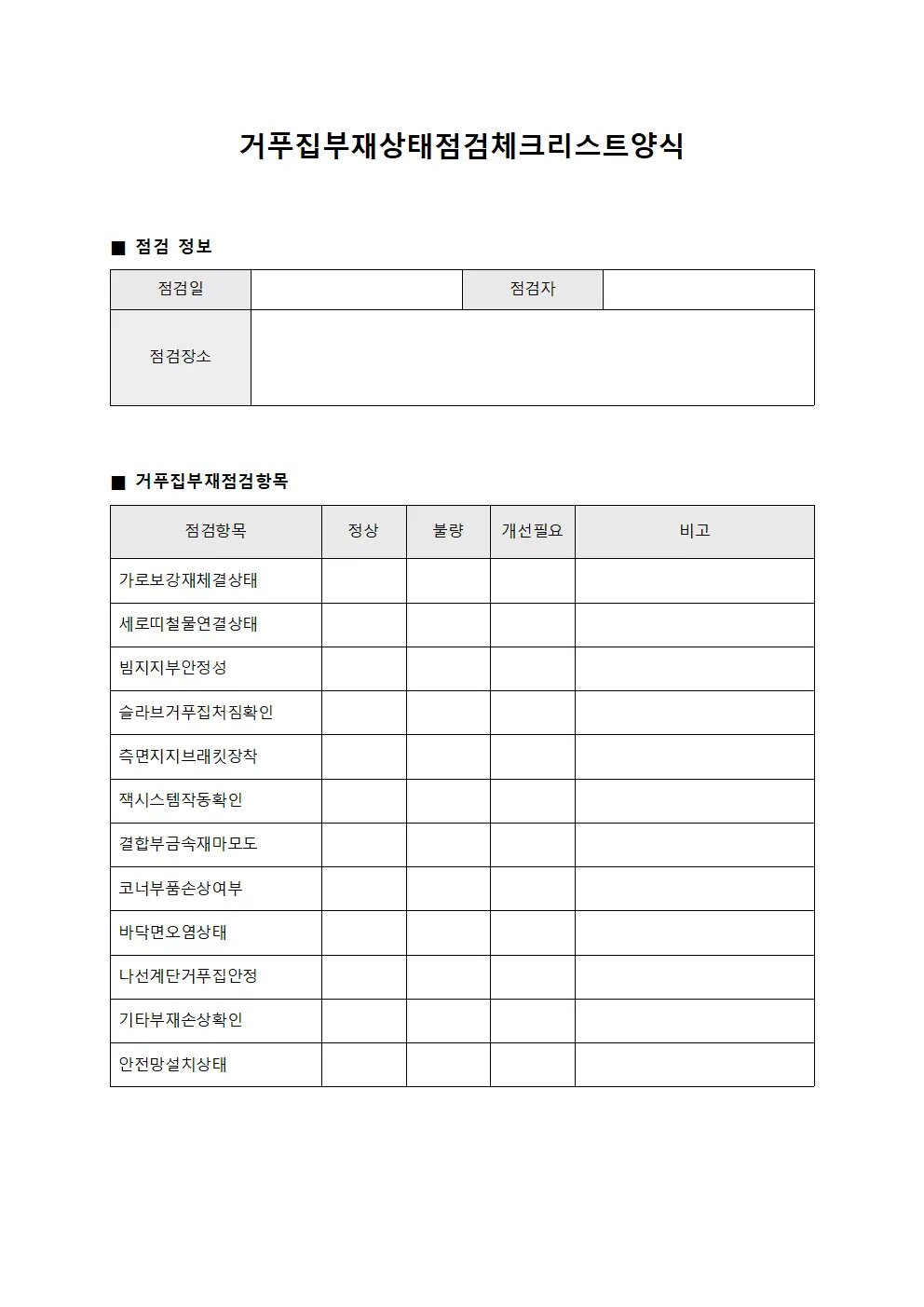 거푸집부재상태점검체크리스트