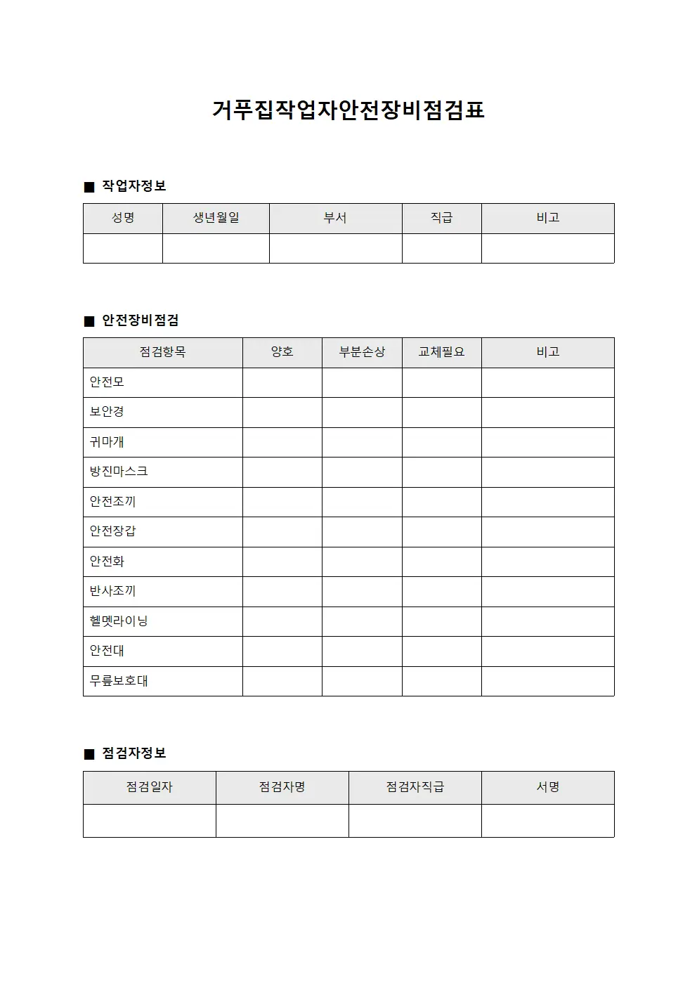 거푸집작업자안전장비점검표