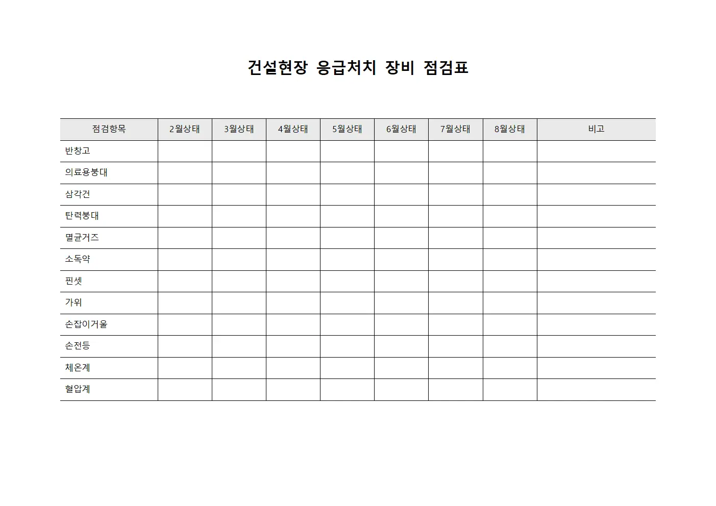 건설현장 응급처치 장비 점검표