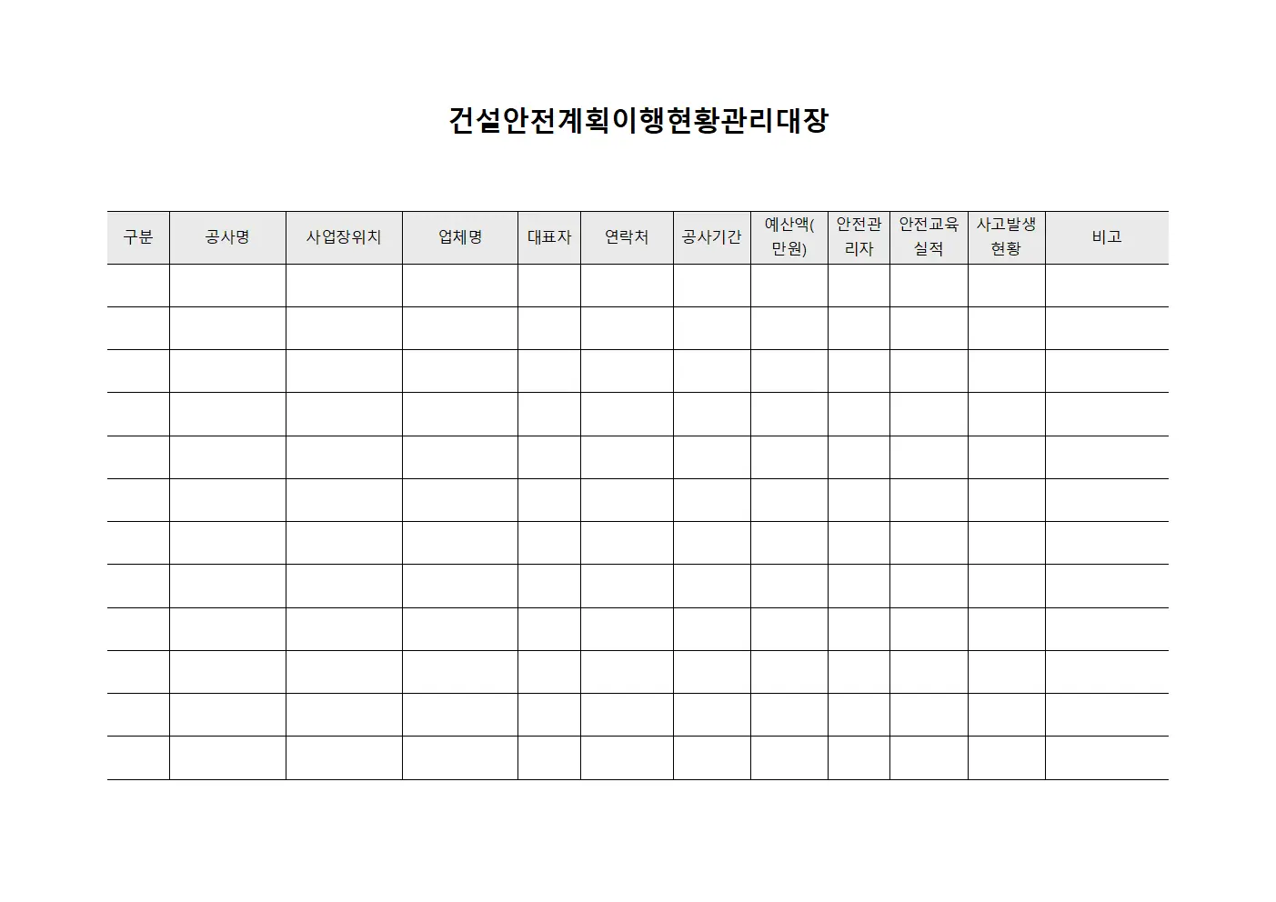 건설안전계획이행현황관리대장