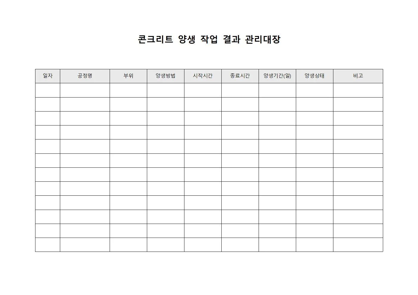 콘크리트 양생 작업 결과 관리대장